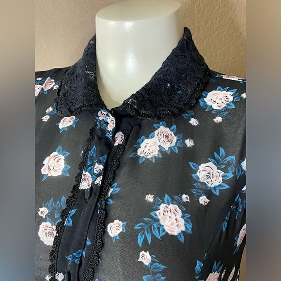 Floral Button-Down Chiffon Lace Collar Dress size xs - Picture 5 of 7